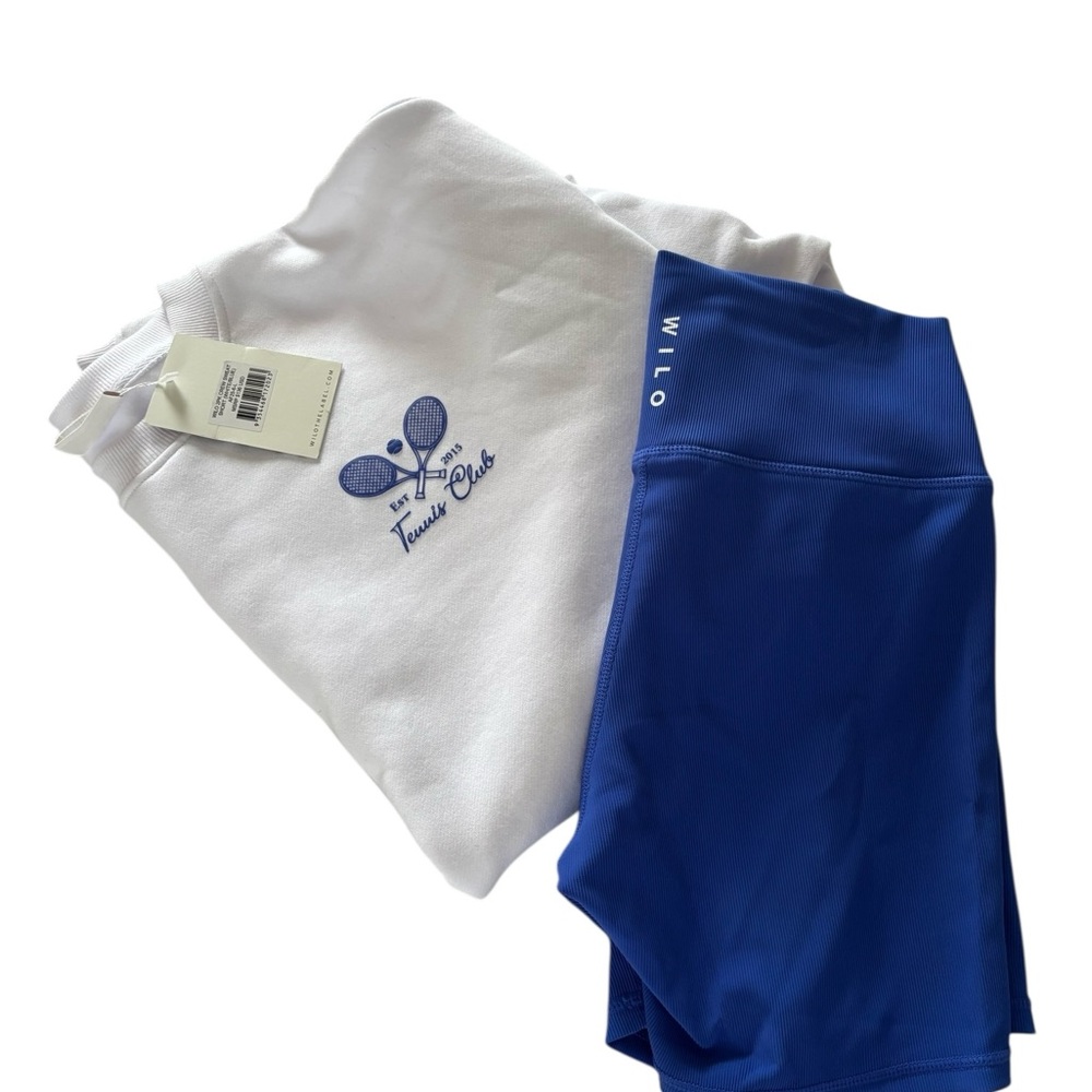 NWT WILO The Label 2 Piece Crew Sweatshirt & Shorts Tennis Club White & Blue Lg - Picture 14 of 15